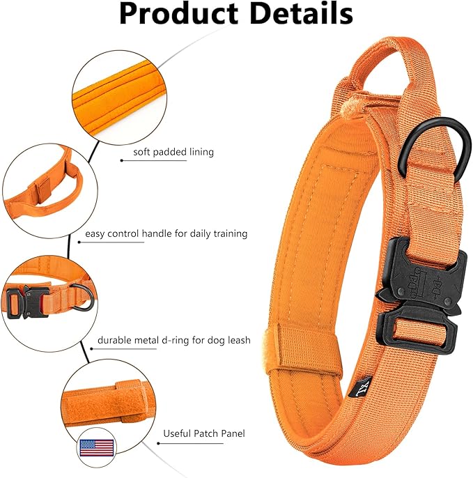 DAGANXI Tactical Dog Collar, Adjustable Military Training Nylon Dog Collar with Control Handle and Heavy Metal Buckle for Medium and Large Dogs, with Patches and Airtags Case (Orange, S)