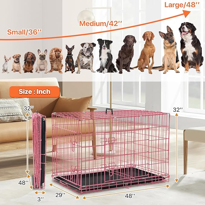Dog Crate for Large Medium Small Dogs, Folding Dog Kennel Cage with Plastic Tray & Divider 48"/42"/ 36"/ 30"/ 24" Indoor Outdoor Metal Double Door Heavy Duty Dog Pen Enclosure, Pink(48 Inch)