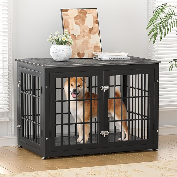 rehomerance 38 Inch Heavy Duty Dog Crate Furniture for Large and Medium Dogs, Decorative Pet House End Table, Wooden Cage Kennel Furniture Indoor, Gray