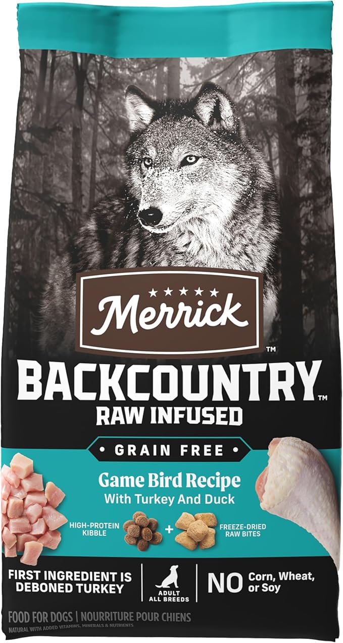 Merrick Backcountry Grain Free Dry Adult Dog Food, Kibble With Freeze Dried Raw Pieces, Game Bird Recipe - 20.0 lb. Bag