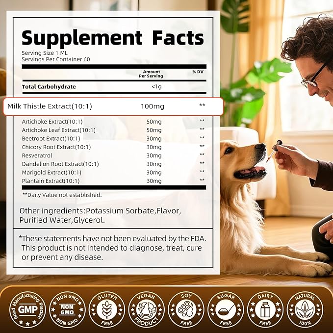 Milk Thistle for Dogs – 9-in-1 Liver and Kidney Support Drops with Artichoke, Resveratrol, Marigold Extract, 100% Natural Detox Supplement for Liver Function, Split Dropper, Bacon Flavor, 2Oz
