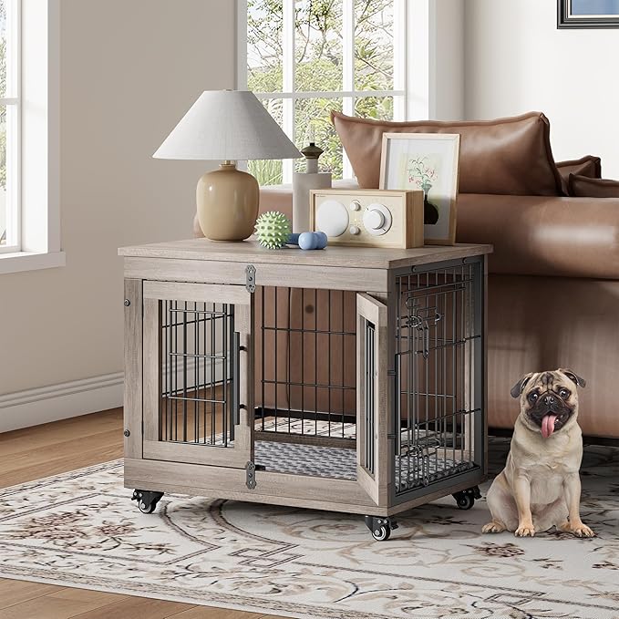 YaFiti Dog Crate Furniture with Cushion, Wooden Dog Kennel Indoor with Double Doors, Dog Cage with Wheels, Dog House Side End Table for Small Dogs up to 30 lb, 27.2" L, Grey