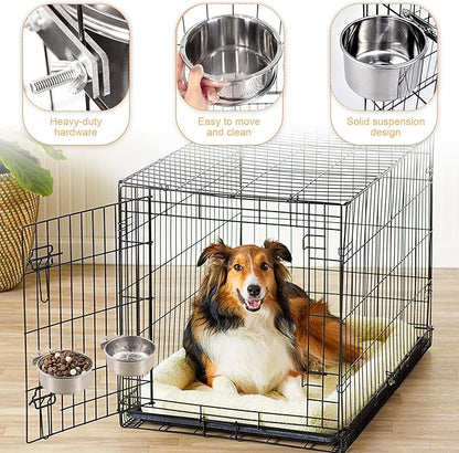 Dog Crate Water Bowl, 2 Pack No Spill Hanging Cage Food Bowls for Kennel Puppy Cat Bird Bunny Stainless Steel Metal Mountable Small&Medium Feeding Dish Wall Mounted Attachable Crates Pet Feeder