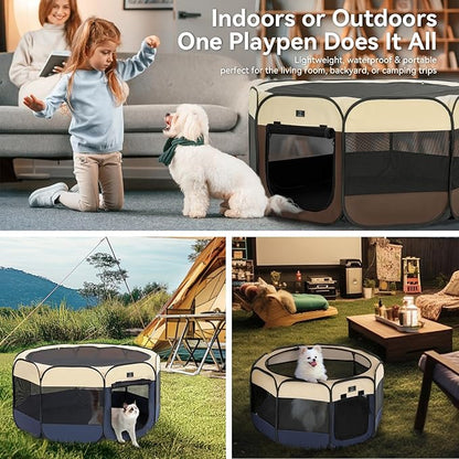 Dog Playpen for Small Dogs & Puppies, 50.39" Portable Indoor Outdoor Puppy Playpen with Bowl, Waterproof Floor, Foldable Pop-Up Pet Pen for Home, Travel & Daily Use, Brown+Beige
