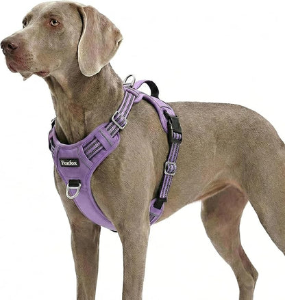 Funfox Dog Harness No Pull, Adjustable Pet Vest Harness, Super Soft Material with Vertical Handle Easy Control, Reflective Night Walking, 2 Leash Clips for XLarge Dogs, Purple, XL