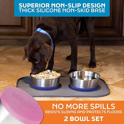 Master Pet Supply Stainless Steel Dog Bowls Set of 2 with Extra Thick Silicone Base - 8 Cup (64 oz) Hyper Pink, Non-Slip, Dishwasher Safe Metal Bowls, Pet Dog Food Bowl for Dogs, Cats, Anti Rust
