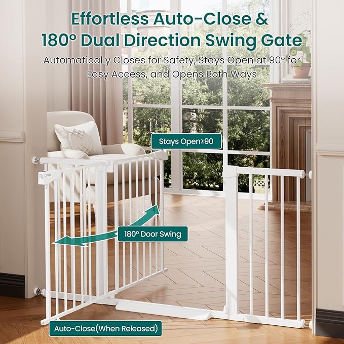 Cumbor 2 Pack 30-54" Baby Gate for Stairs, Dual Lock & Self-Closing Dog Gate for Doorways, Easy Install Pressure Mounted Pet Gates Indoor, Easy Walk Thru Wide Safety Proofing for Babies & Pets, White