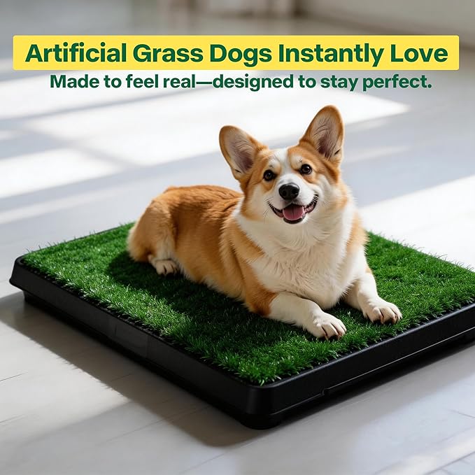 Pawise Dog Grass Pad with Tray, 20x25 Inch Artificial Turf Puppy Potty Pad, Indoor Outdoor Dog Toilet with Pull-Out Drawer & Free Garbage Bags, Dogg Litter Box for Potty Training