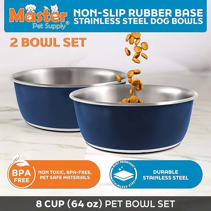 Master Pet Supply Stainless Steel Dog Bowls Set of 2 (64 Oz Each) with Non-Slip Rubber Base - Navy Blue - Basic Dog Food Bowl Water & Food Bowls for Small Medium Large Dogs & Cats, Metal Dish