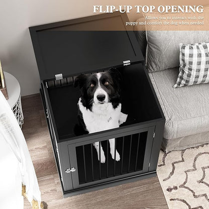 PUPETPO Large Dog Crate Furniture, Wooden Dog Kennel with Cushion, Dog Crate End Table Large, Indoor Dog Kennel, Modern Decorative Dog Crates with Flip Top, Chew-Proof Metal Bars, Black