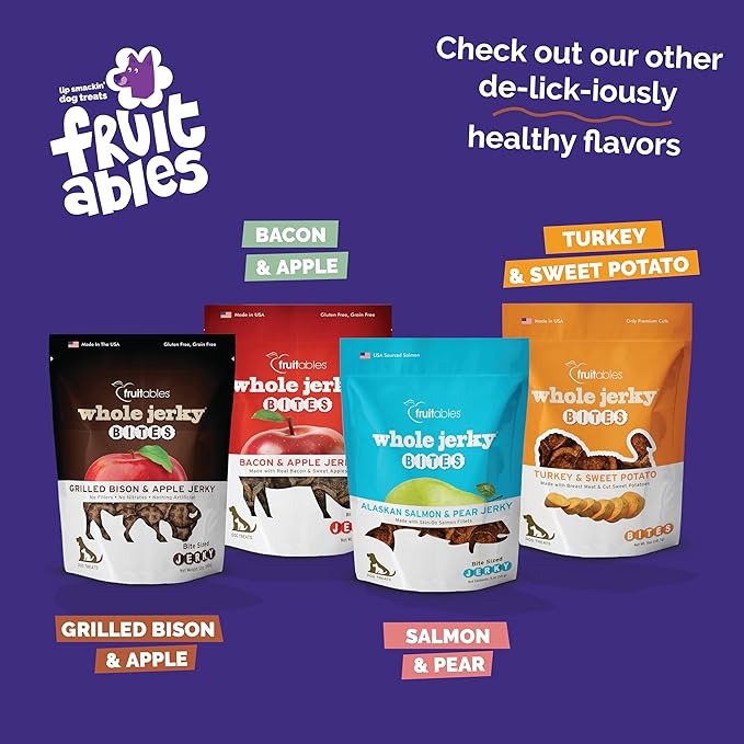 Fruitables Whole Jerky Bites, Healthy Dog Treats, Puppy Essentials, Jerky Dog Treats, Made in the USA, No Artificial Ingredients, Grilled Bison & Apple Flavor, 5oz