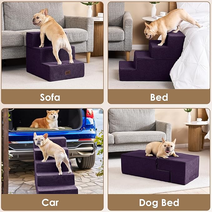 EHEYCIGA Dog Stairs for Bed 20" H, 4-Step Extra Wide Dog Steps for High Bed, Pet Steps for Small Dogs and Cats, Non-Slip Balanced Pet Ramp Indoor, Purple