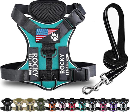 Moonpet Personalized Custom Tactical No Pull Dog Harness Black Nylon Dog Leash Set with Phone Number Dog Name - Adjustable Heavy Duty Pet Dog Vest Harness for Training and Walking
