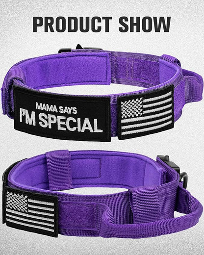 Joytale Tactical Dog Collar with Handle and Metal Buckle, Heavy Duty Padded Military Collar with 2 Patches for Training, Adjustable for Medium Dogs, Purple, M