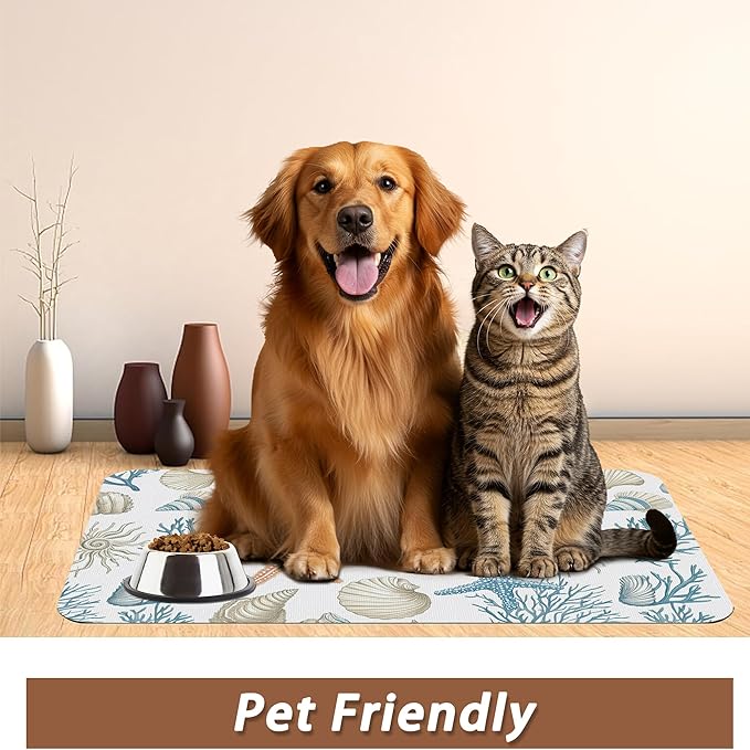 Starfish Dog Food Mat for Floors,Coral Shell Ocean Absorbent Quick-Dry Pet Feeding Mat, Cat Dog Bowl Mats for Food and Water,Non-Slip Pet Accessories Supplies 16"x24"