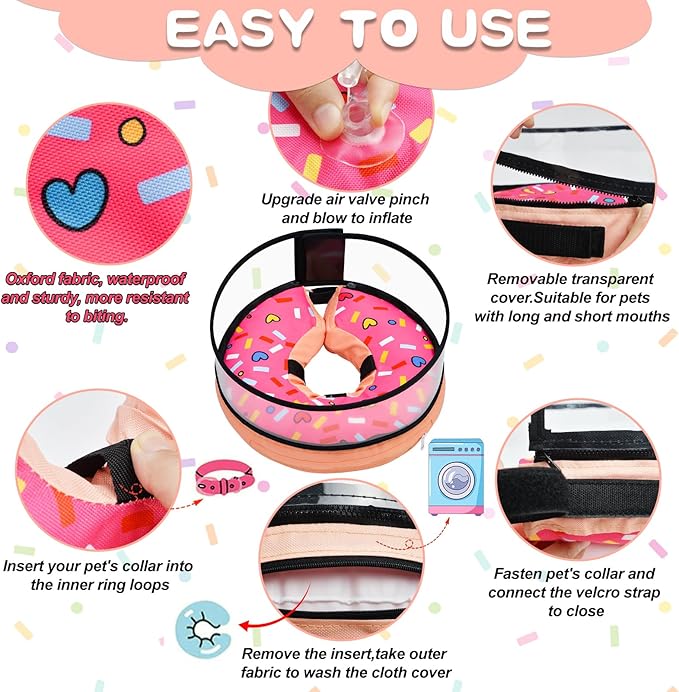 MRSOHRET Dog Cone, Dog Surgery Collar, Inflatable Cones for Small Medium Large Dogs, Pink Doughnut Dog Recovery Collar, Does not Impede Vision