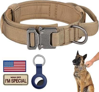 DAGANXI Tactical Dog Collar, Adjustable Military Training Nylon Dog Collar with Control Handle and Heavy Metal Buckle for Medium and Large Dogs, with Patches and Airtags Case (M, Brown)
