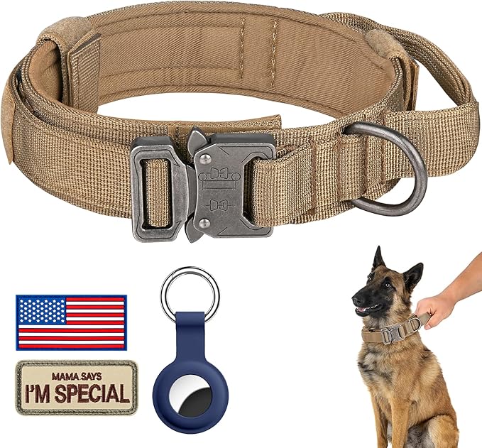 DAGANXI Tactical Dog Collar, Adjustable Military Training Nylon Dog Collar with Control Handle and Heavy Metal Buckle for Medium and Large Dogs, with Patches and Airtags Case (XL, Brown)