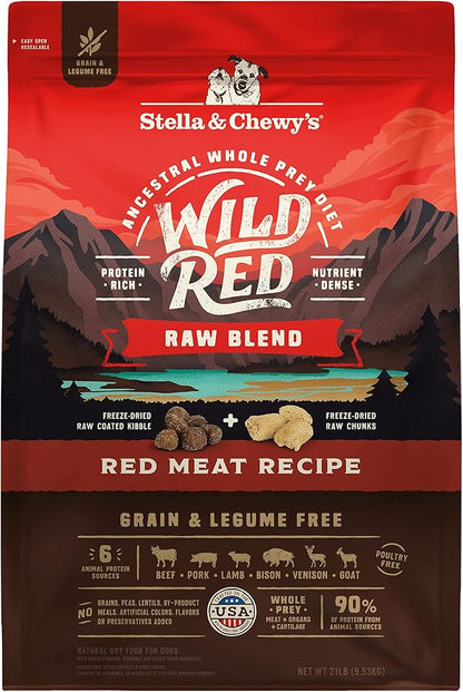 Stella & Chewy's Wild Red Raw Blend Kibble - Premium Freeze-Dried Raw Coated Dog Food - Perfect For Picky Eaters - High Protein Grain Free with 6 Red Meat Sources - 21lb Bag