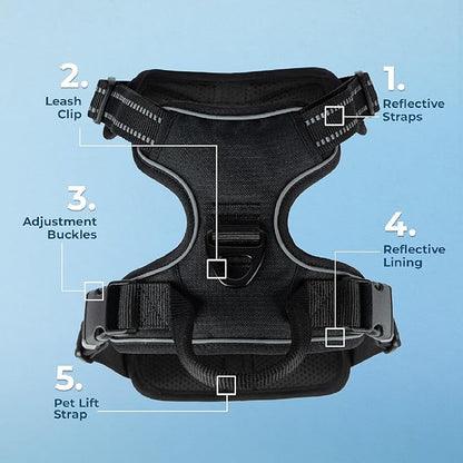 Voyager Dog Harness Dual Leash Attachment No-Pull Control Adjustable Soft but Strong Pet Harness for Medium and Large Dogs with 3M Reflective Technology, Black Nylon, XL (Chest: 28-37")