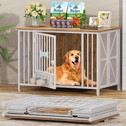Easycom Foldable Large Dog Crate Furniture, 41.3" Assembly-Free Dog Crates for Large Dogs, Decorative Wooden Dog Kennel Indoor with Tag & Dog Bowls, Dog Cage Use as TV Stand, White & Beech