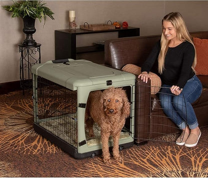 Pet Gear “The Other Door” 4 Door Steel Crate for Dogs/Cats with Garage-Style Door, Includes Plush Bed + Travel Bag, No Tools Required, Sage, 36 Inch