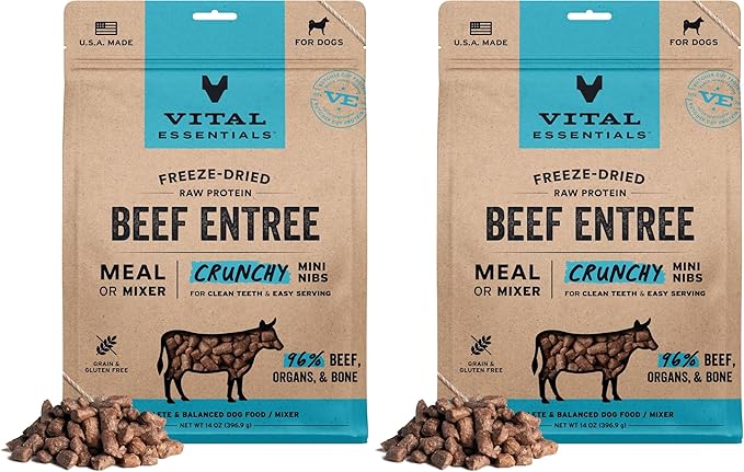 Vital Essentials Freeze Dried Dog Food,Raw Beef Crunchy Mini Nibs | Complete Meal or Topper | 96% Beef,Organs & Bone-| Limited Ingredient,High Protein,Grain Free Dry Dog Food-| 14 oz Bag,(Pack of 2)