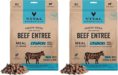 Vital Essentials Freeze Dried Dog Food,Raw Beef Crunchy Mini Nibs | Complete Meal or Topper | 96% Beef,Organs & Bone-| Limited Ingredient,High Protein,Grain Free Dry Dog Food-| 14 oz Bag,(Pack of 2)