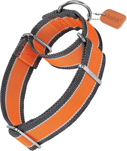 Martingale Collar 1.5 Inch Wide 1600D Extra Strong Anti Escape Nylon Dog Collar, No Pull Heavy Duty Pet Collars with 3-Color Stripe for Large to XLarge Dogs (XL, Orange & Gray)