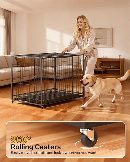 42 Inch Large Dog Crate, Escape Proof Dog Cage with Dual Door Lock and Swivel Casters,Removable Tray for Easy Cleaning, Dog Kennel Indoor Outdoor Use