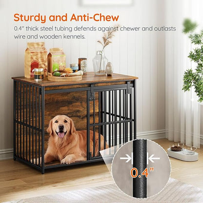 HOOBRO Dog Crate Furniture, 36.6" Heavy Duty Dog Kennel with Sliding Barn Door, Wooden Dog Cage Indoor, Decorative Side End Table for Small/Medium Dogs, Rustic Brown and Black FG162GW03G1