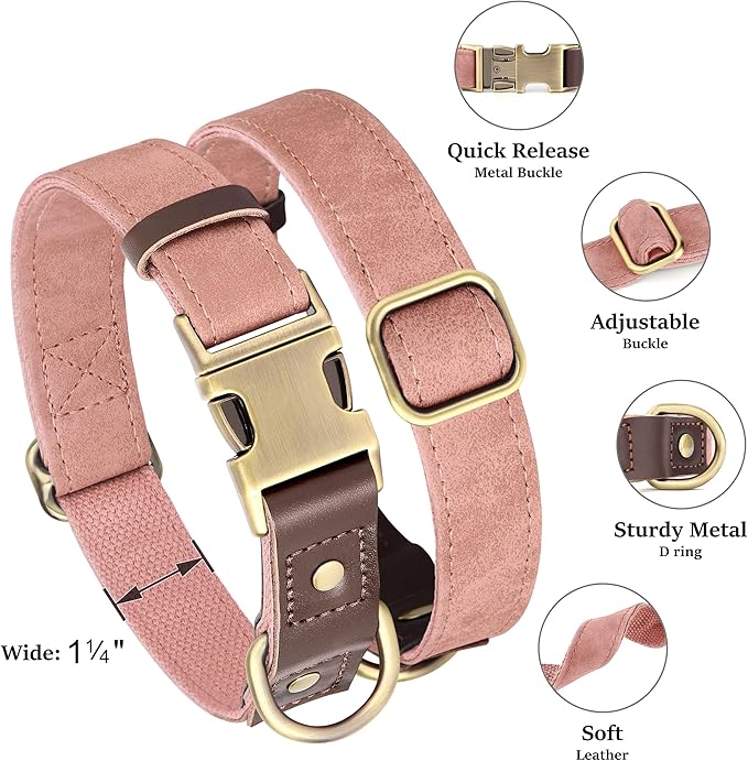 Didog Soft PU Leather Dog Collar for Large Dogs,Classic Adjustable Wide Pink Dog Collars with Quick Release Metal Buckle,Easy Clean and Comfortable with Nylon Lining,Pink,XL Neck 20-27", Width 1¼"