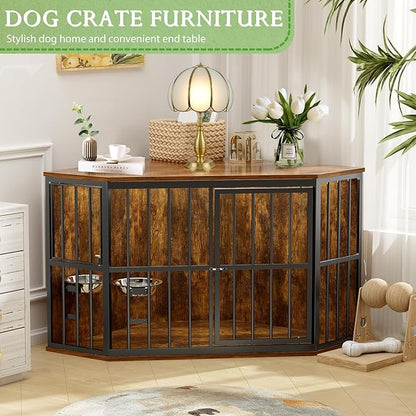 Medium Dog Crate Furniture, 42” Heavy Duty Corner Dog Crate with 2 Stainless Steel Bowls, Dog Kennel Furniture Style House, Wooden Decorative Pet House End Side Table, Chew-Resistant, Rustic