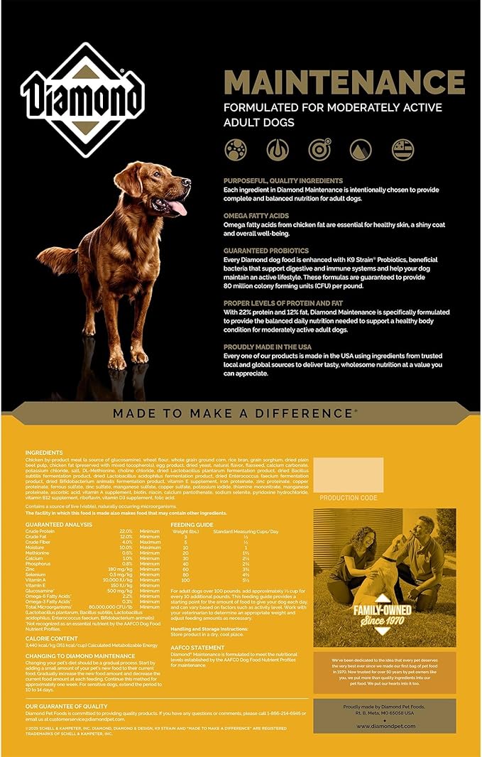 Diamond Maintenance Adult Dry Dog Food 22/12 for Moderately Active Dogs 40lb Bag