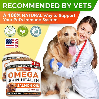 STRELLALAB Omega 3 for Dogs - (360Ct) Fish Oil Treats - Allergy & Itch Relief Skin & Coat Supplement - Dry Itchy Skin, Anti Shedding & Hot Spots Treatment - Pet Salmon Oil Chews - Smoked Salmon