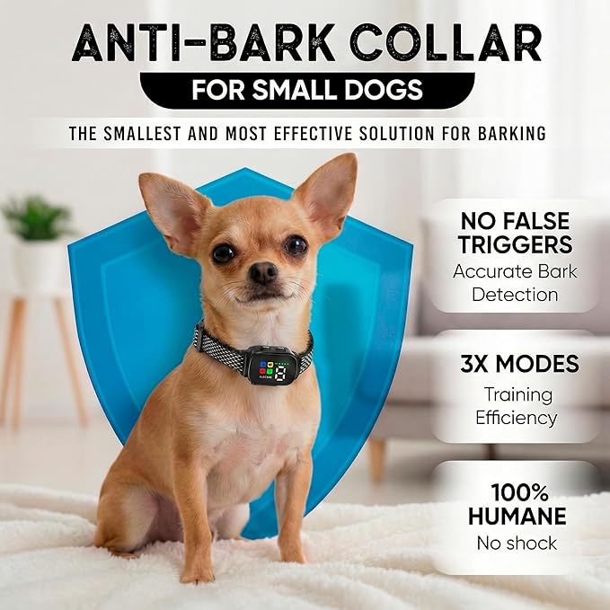 Tiny Bark Collar for Small Dogs 5-15 lbs and Puppies - No Shock Anti Barking Collar - Rechargeable Smart Collar for Dog Training with 7 Sensitivity Levels and 3 Beep&Vibration Modes (Black)