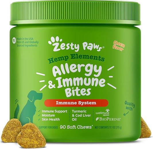 Zesty Paws Hemp Allergy Immune Bites - Dog Allergy Chews, Dog Probiotics for Itchy Skin and Ears, Cheese, 90ct