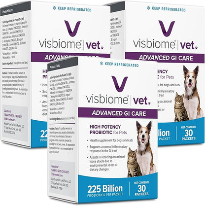 Visbiome® Vet Advanced GI Care High Potency Probiotic for Dogs & Cats – 225B CFU, 8-Strain Formula – Refrigerated, Veterinarian Recommended, Clean Label Certified – 90 Packets