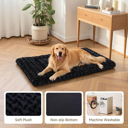 Washable Dog Bed Mat Soft Dog Crate Pad Fluffy Pet Kennel Beds Sleeping Mattress with Non-Slip Bottom for Large Jumbo Medium Small Dogs, 29 x 18 Inch, Black