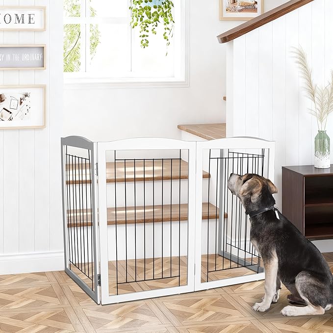 ZJSF Freestanding Foldable Dog Gate - Extra Wide White Puppy Gate for Stairs & Doorways - Tall 4 Panels Wooden Pet Fence