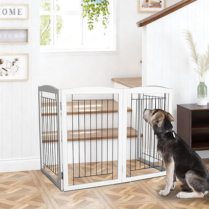 ZJSF Freestanding Foldable Dog Gate - Extra Wide White Puppy Gate for Stairs & Doorways - Tall 4 Panels Wooden Pet Fence