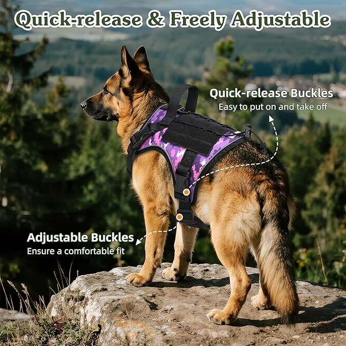 VavoPaw Heavy Duty Tactical Dog Harness for Large Dogs, No Pull Adjustable Pet Harness Reflective Service Training Easy Control Pet Vest Military K9 Working Dog Harnesses, Purple Camouflage, XL