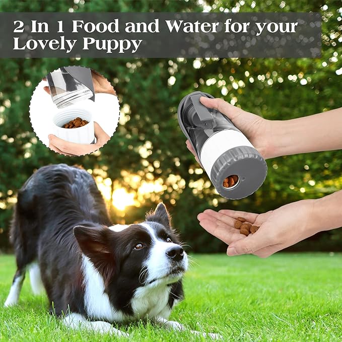 TIOVERY Upgraded Dog Water Bottle, Portable Dog Cat Puppy Pet Water Dispenser Feeder with Drinking Cup and Food Container Leak Proof for Outdoor Walking, Travel, Hiking 12OZ Grey