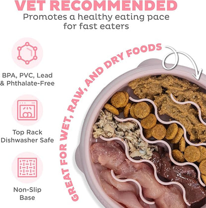 Outward Hound Fun Feeder Slo Bowl – Small 3/4-Cup Capacity, Slow Feeding, Small Dogs, Puppies & Cats, Non-Slip, Pink, Wave Pattern
