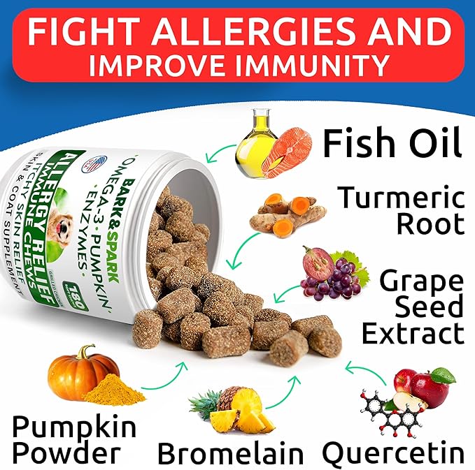 BARK&SPARK Dog Allergy Relief Soft Chews for Skin Health & Seasonal Allergies - Anti-Itch Supplement w/Omega-3, Quercetin & Bromelain Immune Treats for Dry Skin & Hot Spots - Grilled Chicken - 180ct