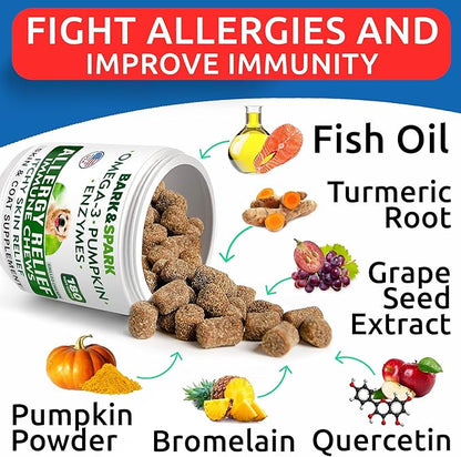 BARK&SPARK Dog Allergy Relief Soft Chews for Skin Health & Seasonal Allergies - Anti-Itch Supplement w/Omega-3, Quercetin & Bromelain Immune Treats for Dry Skin & Hot Spots - Grilled Chicken - 180ct