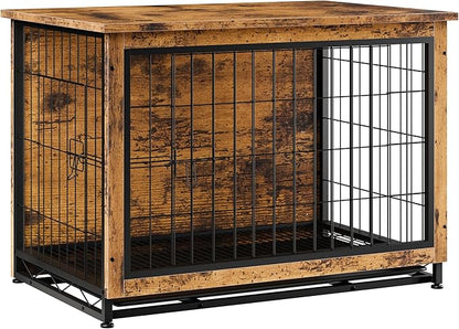 Vongrasig Dog Crate Furniture, Side End Table, Modern Wooden Kennel for Dogs Indoor, Heavy-Duty Dog Cage with Multi-Purpose Removable Tray, Double-Door Dog House, Rustic Brown