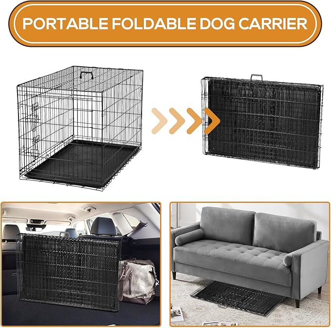 Dog Crate - Medium 36 Inch Double Door Portable Dog Cage, Metal Wire Pet Kennel with Secure Lock, Leak-Proof Pan Tray, Foldable Design for Dogs Pets Indoor Training and Outdoor Trave