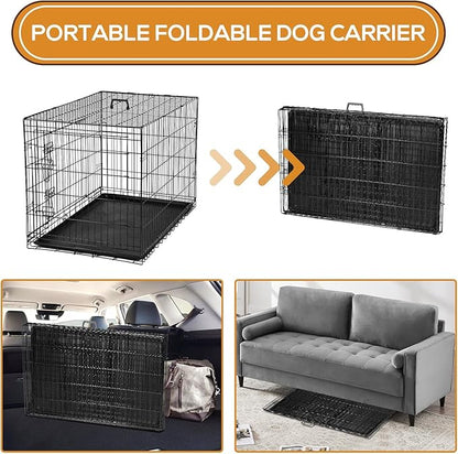 Dog Crate - 42 Inch Large Double Door Portable Dog Cage, Metal Wire Pet Kennel with Secure Lock, Leak-Proof Pan Tray, Foldable Design for Dogs Pets Indoor Training and Outdoor Trave