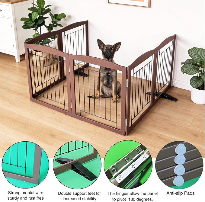 ZJSF Freestanding Dog Fence Indoor, Foldable Dog Gate for Doorways, Stairs or Hallways, Sturdy Wood Extra Wide Pet Gate with Support Feet for The House, Brown, 32 "Height-6 Panels
